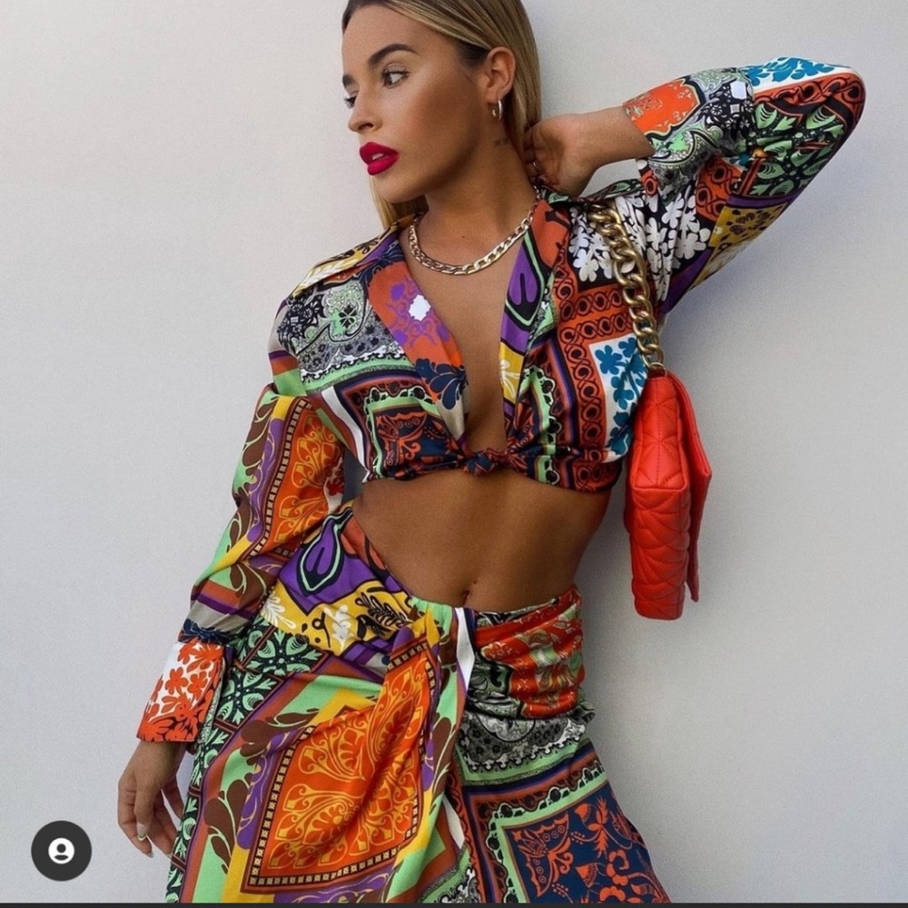 Zara 2 Piece Multicolored Floral Printed Crop Top & Skirt Co Ord Set - Picture 3 of 16